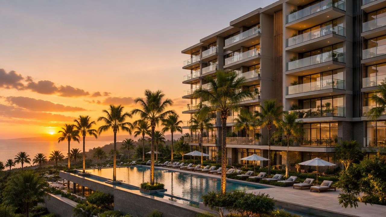 A condominium resort tower with a pool deck at golden hour